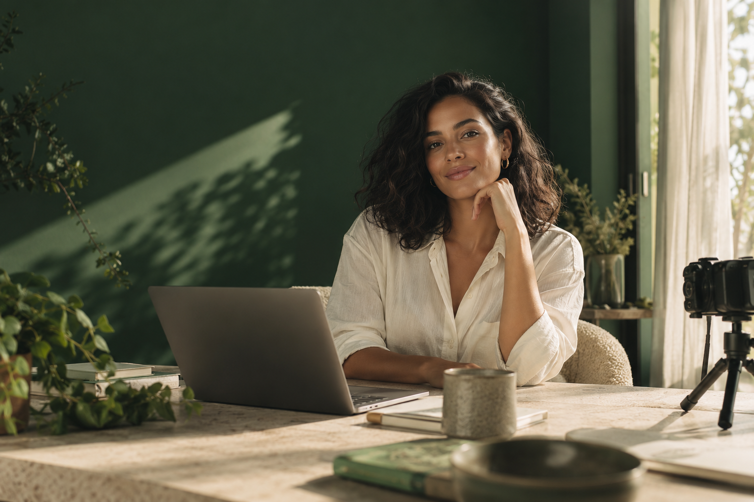 Criadora em um estúdio com câmera e notebook, em uma composição editorial em verde e creme
