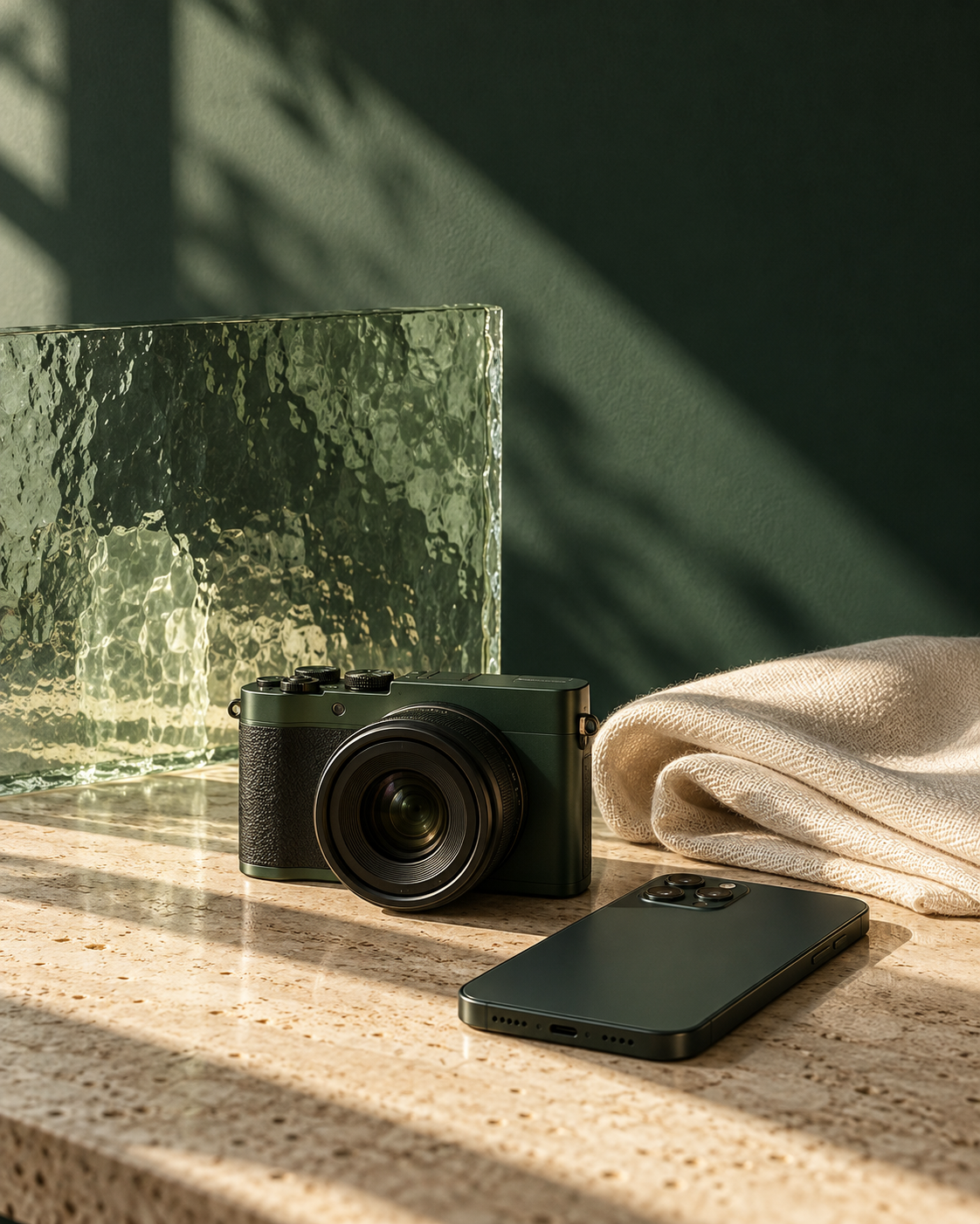 Câmera e smartphone sobre pedra clara, com vidro verde e luz natural